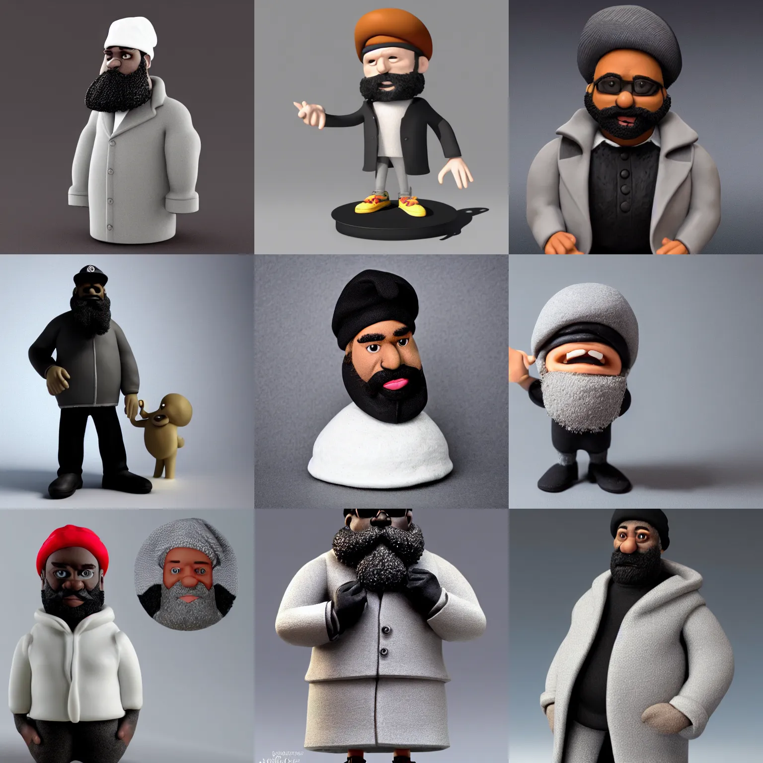 Prompt: a 3d rendered claymation clay figurine of an urban male black dj, with a big full beard and wearing a light gray do rag and a black winter puffer coat, on a white background,