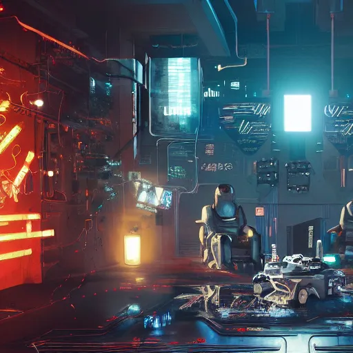 Prompt: hyena robot, exposed wires, shiny black metal, glowing eyes and many buttons and switches, cyberpunk 2 0 7 7 concept art, highly detailed