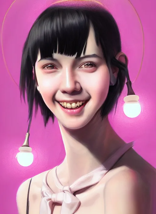 Image similar to portrait of high school girl, realistic, black hair, bangs, half updo hairstyle, pointy nose, skinny, smile, ugly, defined jawline, big chin, pink hair bow, earrings, intricate, elegant, glowing lights, highly detailed, digital painting, artstation, sharp focus, illustration, art by wlop, mars ravelo and greg rutkowski