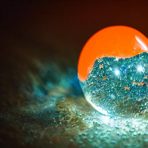 Image similar to an orange glowing crystal orb, with 4 red stars embedded inside of it, lay at the bottom of an ocean, close up, beautiful lighting, ultra detailed, professional photography, award winning photography.