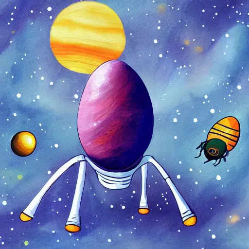 Prompt: painting of space ship in orbit around a planet, detailed, egg, colorful, shell, carapace, insect, bug, beatle, hollow knight