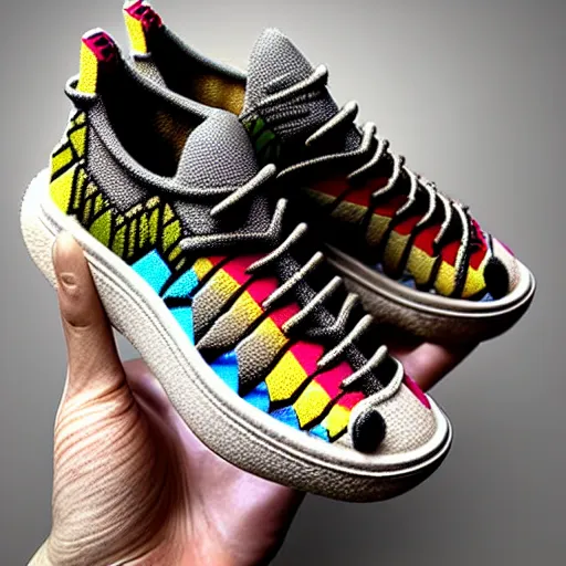 Image similar to realistic scultpure of sneaker! design, sneaker design overwatch fantasy style mixed with aztec mayan native street fashion, focus on sneakers only, shoes designed by akira toriyama and studio ghibli