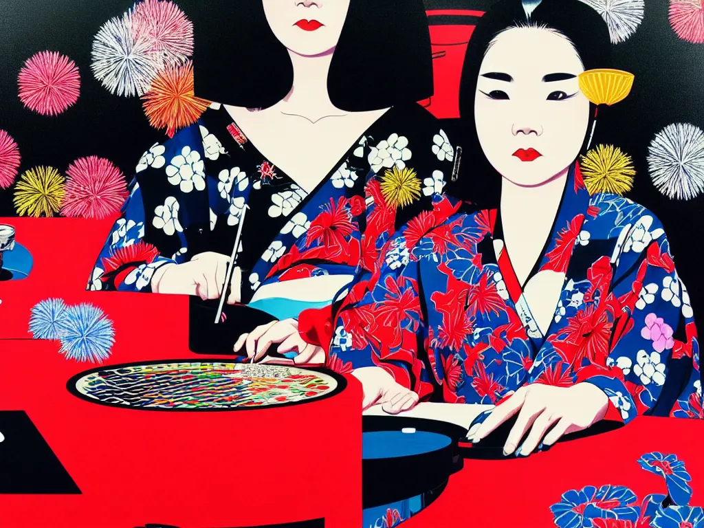 Image similar to hyperrealistic composition of the detailed woman in a japanese kimono sitting at a poker table with detailed darth vader, fireworks, mount fuji on the background, pop - art style, jacky tsai style, andy warhol style, acrylic on canvas