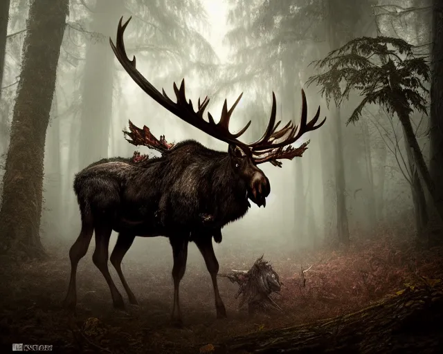 Image similar to 5 5 mm portrait photo of an armored demonic undead rotting moose with red eyes antlers and looking at the camera, in a magical forest. magical atmosphere. art by greg rutkowski and luis royo. highly detailed 8 k. intricate. lifelike. soft light. nikon d 8 5 0.