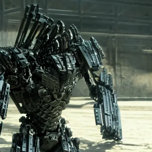 Image similar to cinematic still from westworld and real steel, very close shot of intricate ornate armored core upper body by fujioka kenki and by mamoru nagano,