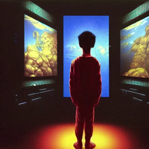 Image similar to 8k professional photo of an 8 years old enlightened and scared boy standing in front of an old computer from 90s with a game doom2 at the monitor screen in a vr vaporvawe space, Beksinski impasto painting, part by Adrian Ghenie and Gerhard Richter. art by Takato Yamamoto, masterpiece. still from a movie by Gaspar Noe and James Cameron