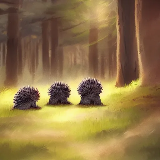 Image similar to a family of hedgehogs in the forest, in the style of makoto shinkai and greg rutkowski and james gurney