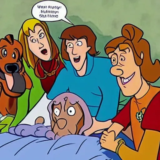 Image similar to scooby - doo on deathbed, freinds and family surround him with love, shaggy holding his paw, hospice, hannah barbera, animated tv show