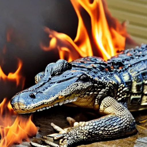 Image similar to found footage of an alligator living in a cottage on fire