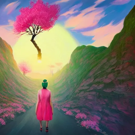 Image similar to giant cherry blossom flower as a head, girl walking in a canyon, surreal photography, sunrise, dramatic light, impressionist painting, colorful clouds, digital painting, artstation, simon stalenhag