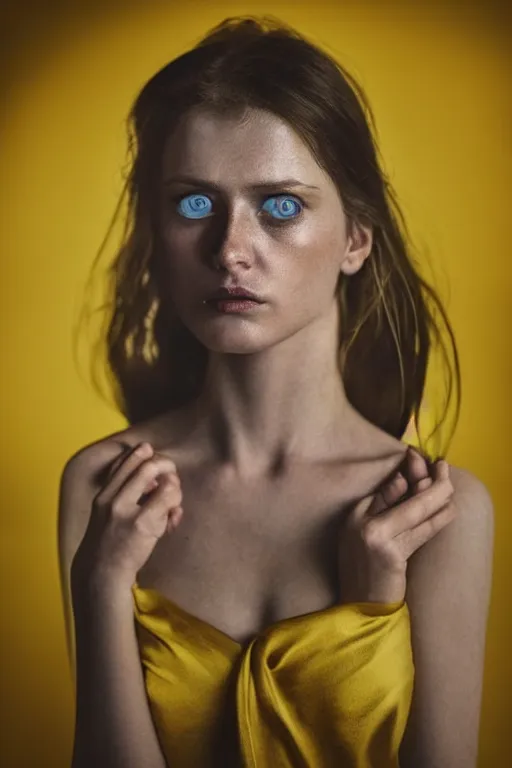 Image similar to a beautiful girl with beautiful cold blue eyes, standing in a dark room under the bright lighting of cold lamps, in bright yellow silk clothes golden ratio, by lee jeffries, medium close - up, perfect composition, dramatic, medium close - up ( mcu ), cannon ef 6 5 mm f / 2. 8