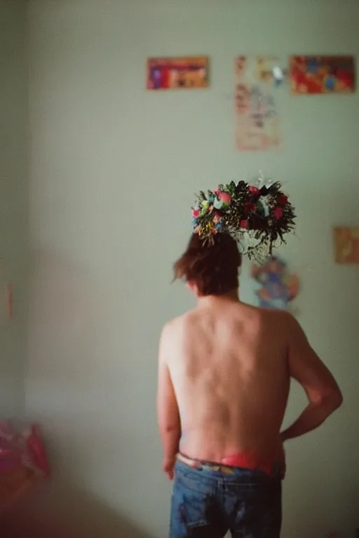 Image similar to agfa vista 4 0 0 photograph of a guy standing in a cluttered 9 0 s bedroom, flower crown, back view, lens flare, moody lighting, moody vibe, telephoto, 9 0 s vibe, blurry background, grain, tranquil, calm, faded!,