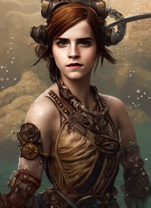 Prompt: underwater pirate steampunk portrait of emma watson, hyper detailed, digital art, cinematic lighting, studio quality, smooth render, unreal engine 5, octane rendered, art style by klimt and nixeu and ian sprigger and wlop and krenz cushart.