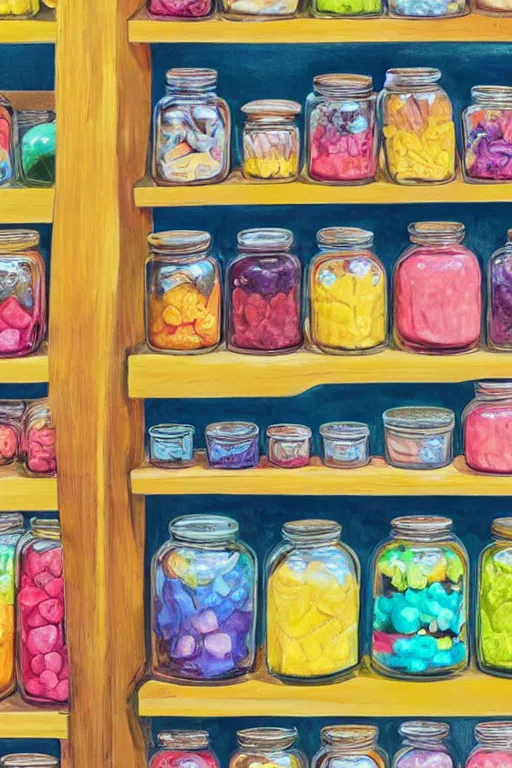 Image similar to magical, mystical shop full of jars of sweets, rainbow gouache