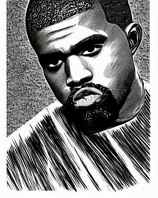 Image similar to Manga black-and-white comic book cross-hatching illustration of Kanye West on black background, fading in to the black background, darkness surrounding his body