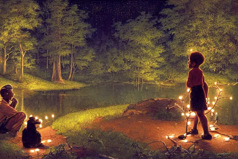 Image similar to a scenic view of a black boy talking to a phatom in the middle of a magical forest with glow-worm lights near a lake, detailed, cinematic, dramatic scene, retro illustration by Norman Rockwell.