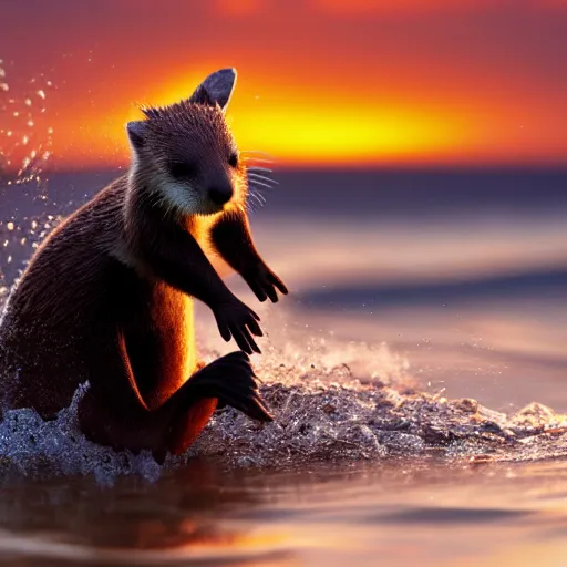 Image similar to a closeup photorealistic photograph of a cute kangaroo - otter hybrid splashing in the surf during sunset. professional capture, well lit shot. this 4 k hd image is trending on artstation, featured on behance, well - rendered, extra crisp, features intricate detail, epic composition and the style of unreal engine.