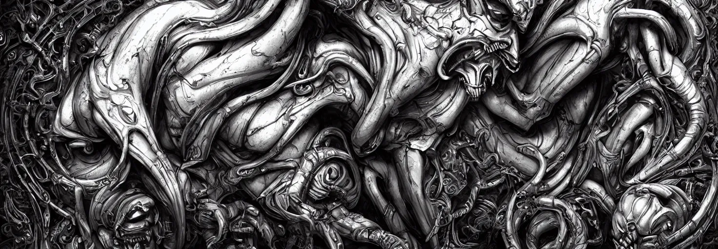 Image similar to engineer prometheus face by Artgerm, xenomorph alien, highly detailed, symmetrical long head, blood color, smooth marble surfaces, detailed ink illustration, raiden metal gear, cinematic smooth stone, deep aesthetic, concept art, post process, 4k, carved marble texture and silk cloth, latex skin, highly ornate intricate details, prometheus, evil, moody lighting, hr geiger, hayao miyazaki, indsutrial Steampunk