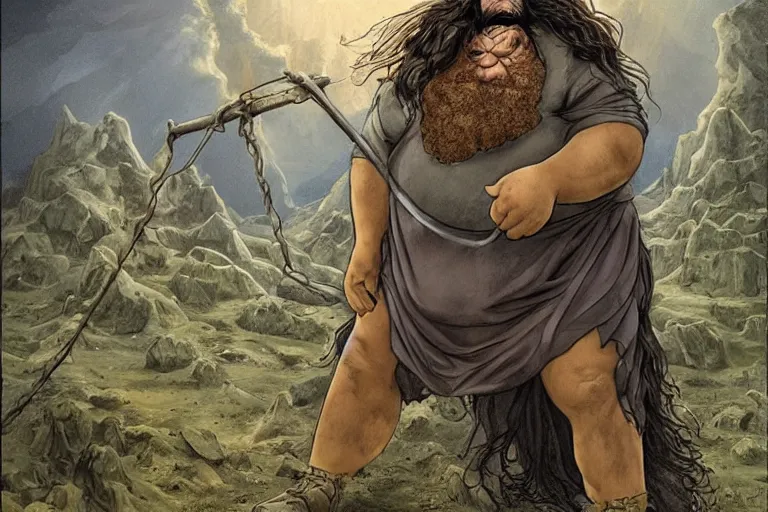 Image similar to surreal a hulking herculean hagrid in a post apocalyptic hellscape by peter booth and william blake esoteric symbolism, intense emotional power