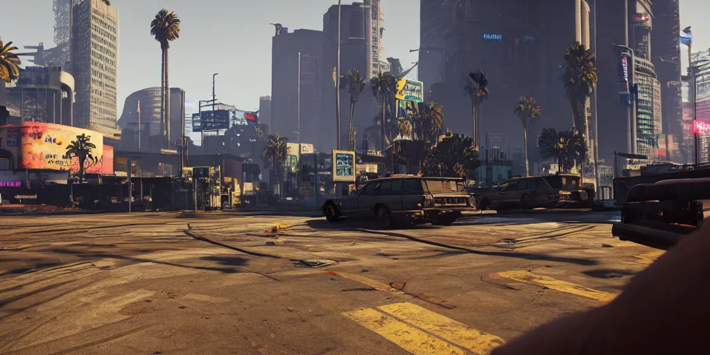 Image similar to screenshot of a game, as if GTAV and Cyberpunk 2077 are the same game, taken at the ground level.