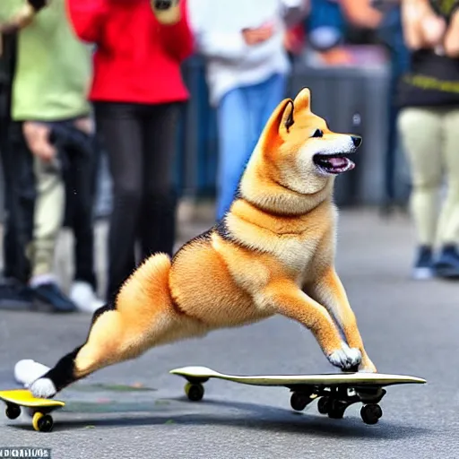 Prompt: a happy shiba inu performs a perfect kick flip on his skateboard in new york city whilst a crowd watches, beautiful photograph