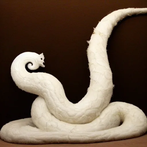 Prompt: furry fluffy floof serpent, white marble with gold accents, by ellen jewett