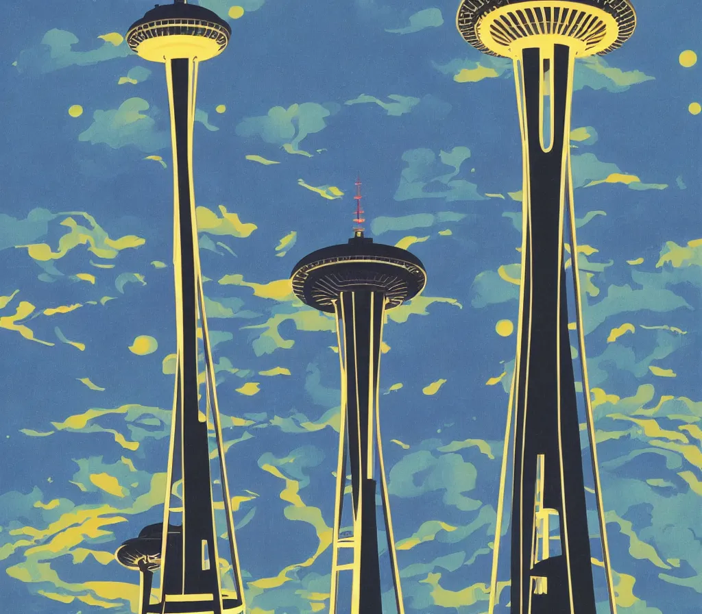 Image similar to angels over the seattle space needle, modernism, gouache, animated film, stylised, illustration, by eyvind earle, scott wills, genndy tartakovski, syd mead