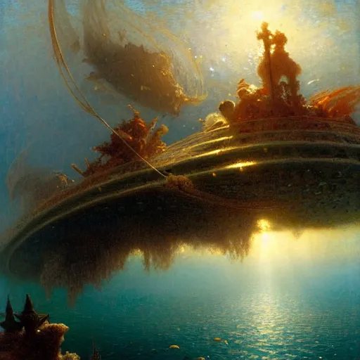 Image similar to point of view of deep in the ocean looking up, you see fishes, higher up you see the milk way, night time. highly detailed painting by gaston bussiere, greg rutkowski 8 k