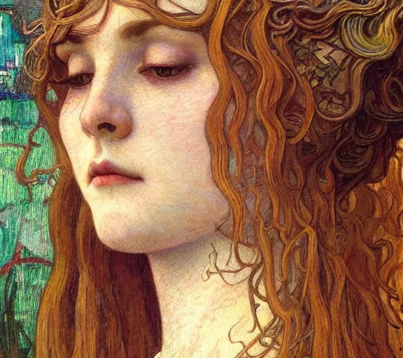 Image similar to detailed realistic beautiful young medieval queen face portrait by jean delville, alphonse mucha, vincent van gogh, and marco mazzoni, art nouveau, symbolist, visionary, gothic, pre - raphaelite