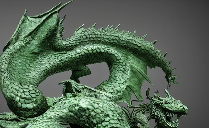 Image similar to statue of a dragon made of green jade, subsurface scattering, translucent, Dynamic Light and Shadows, Rendering, Redshift, 8k