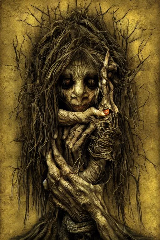 Prompt: Babà Yaga in the style of Anton Semenov, horror, dark, Digital art, realistic painting, very detailed, High definition