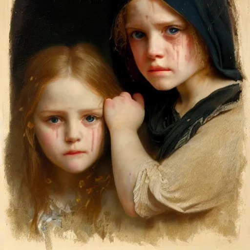 Image similar to portrait of a young girl covered in scars wearing a black hood, the young girl looks angry and seems to look for revenge, extremely detailed painting by gaston bussiere and j. c. leyendecker 8 k