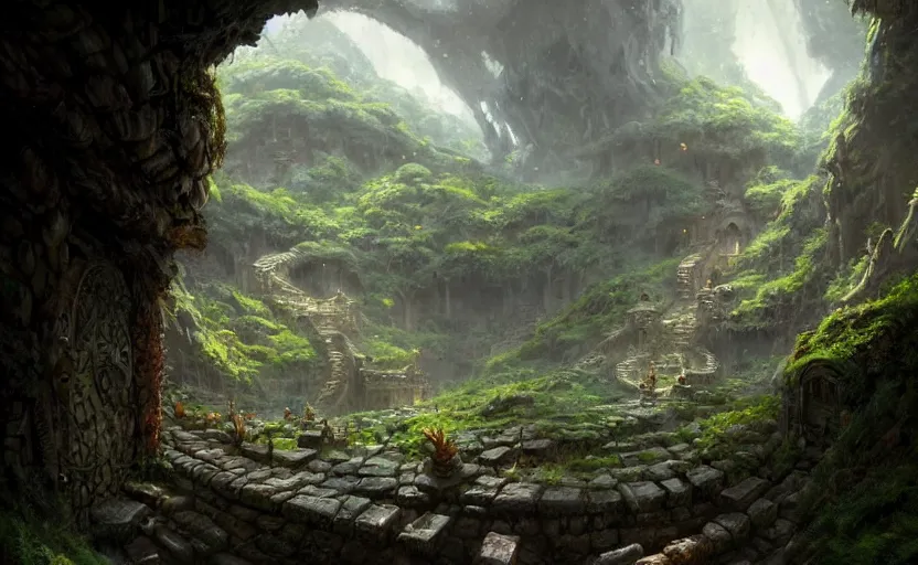 Image similar to worm's eye view of a elven headquarters carved inside a mountain, above lush garden and hot spring, well maintained, well lived, fantasy genre, natural light, fantasy, natural light, sharp focus, concept art, by greg rutkowski and craig mullins, cozy atmospheric and cinematic lighting, trending on artstation