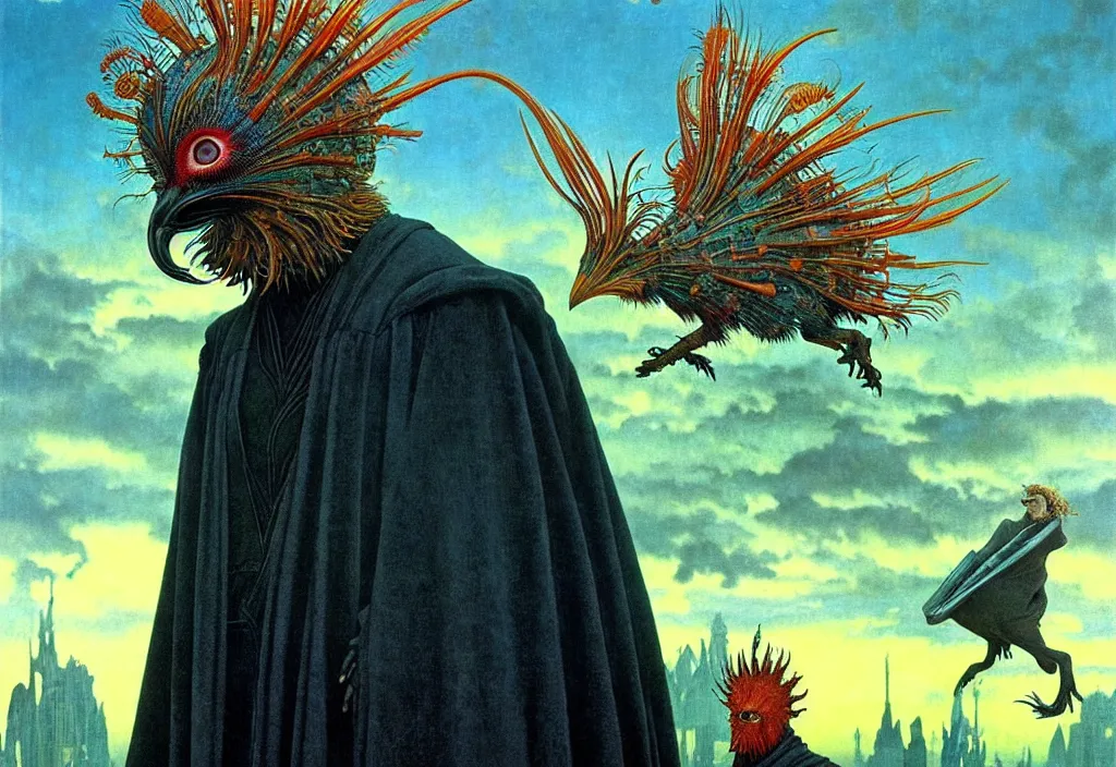 Image similar to realistic detailed portrait movie shot of a birdman wearing black robes, sci fi city landscape background by denis villeneuve, amano, yves tanguy, alphonse mucha, ernst haeckel, max ernst, roger dean, masterpiece, rich moody colours, snarling dog teeth, blue eyes