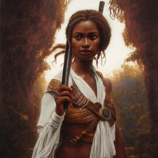 Image similar to artstation concept of a beautiful girl holding a sword in both hands, brown skin, sweaty skin, symmetrical face, casual white garment, brown canyon background, shiny colorful, hyperdetailed, artstation trending, world renowned artists, worth1000.com, historic artworks society, antique renewel, cgsociety, by greg rutkowski, by Gustave Dore, Deviantart