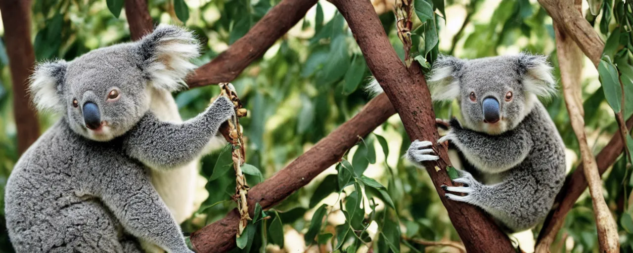 Image similar to 1 koala ( solo ), eating spaghetti from a tree, canon 5 0 mm, film, kodachrome, retro, muted