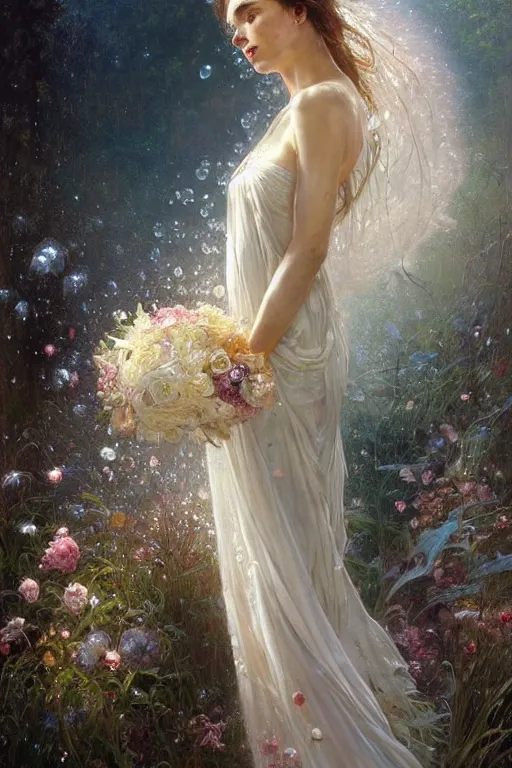 Prompt: portrait of a beautiful woman wearing a white dress, holding a bouquet of flowing flowers, drenched body, wet dripping hair, emerging from the water, fantasy, regal, fractal crystal, fractal gems, by stanley artgerm lau, greg rutkowski, thomas kindkade, alphonse mucha, loish, norman rockwell