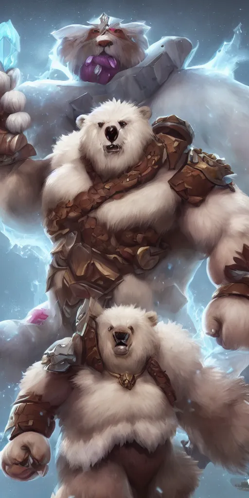 Image similar to volibear the white muscular wild bear with runes using storm on frejlord from league of legends trending on artstation bloom