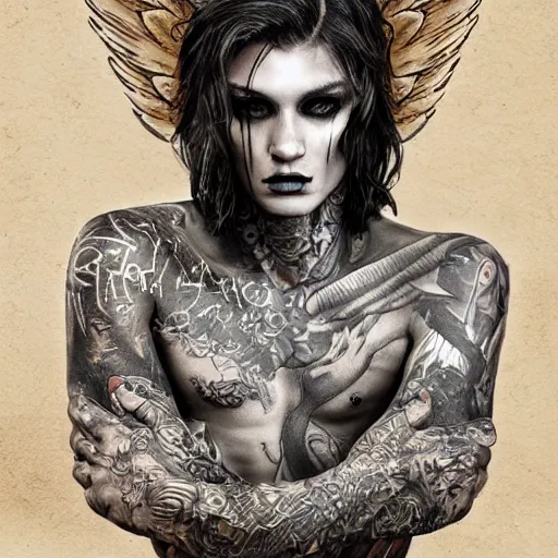 Image similar to beautiful androgynous fallen angel with tattoos on his body being cast from heavens, intricate, hd, high detailed, 4 k, art by grey rukowski