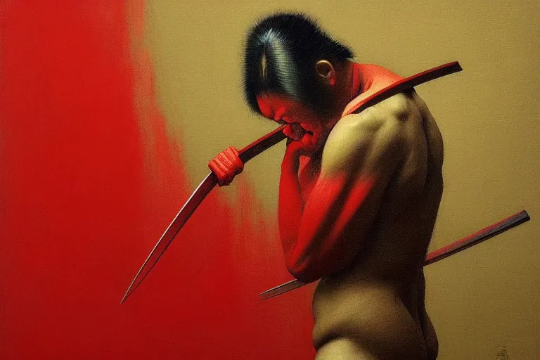 Image similar to only with red, a red samurai do seppuku, tokio, a lot of frogs watch, in the style of beksinski, parts by edward hopper, parts by rodcenko, parts by yue minjun, intricate and epic composition, red by caravaggio, insanely quality, highly detailed, masterpiece, red light, artstation, 4 k