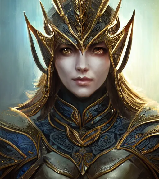 Prompt: unknown the elder scrolls vi charismatic regal high elf female battle - mage portrait, clothed in elaborate elven - plated battle armour atmospheric lighting painted intricate volumetric lighting, beautiful, sharp focus, ultra detailed by krenz cushart and wenjun lin