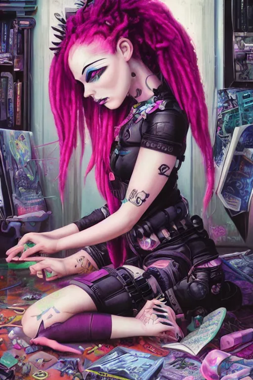 Image similar to cybergoth girl with pink dreads sitting on the floor of a cluttered 9 0 s bedroom reading a book by artgerm, tom bagshaw, gerald brom, vaporwave colors, lo - fi colors, vaporwave, lo - fi, 4 k, hd,