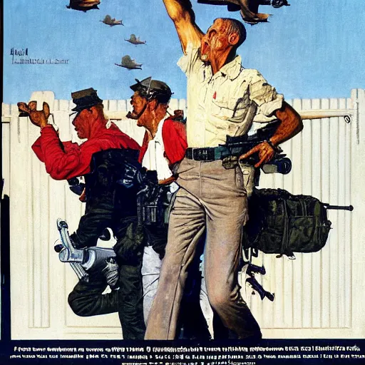 Image similar to norman rockwell painting of the fbi raiding mar - a - lago, highly detailed award winning painting,