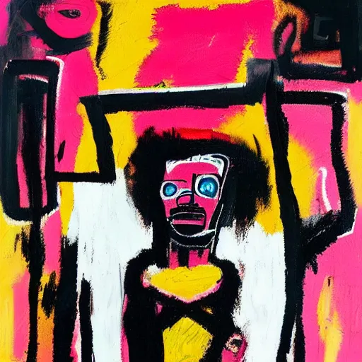 Prompt: A mirror selfie of a black handsome muscular man with white angel wings and black devil horns holding an iPhone, pitchfork, pink background, abstract jean-Michel Basquiat oil painting with thick paint strokes, oil on canvas, detailed