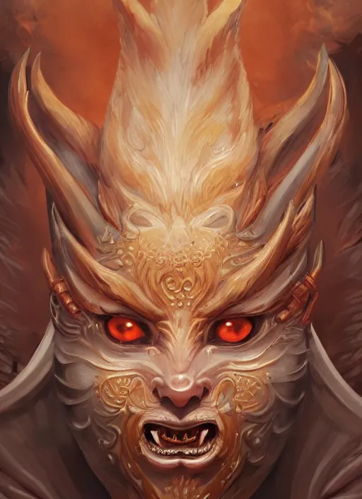 Image similar to a beautiful detailed oil on copper art illustration of a japanese oni kitsune mask devil woman, centered, by charlie bowater, zeng fanzh, trending on artstation, dim dusk lighting, cinematic lighting, detailed lighting, volumetric lighting, realistic, f 8, 4 k hd wallpaper