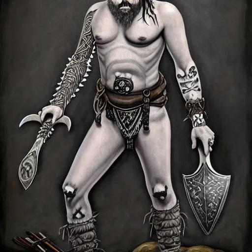 Image similar to “ painting by brom of large gray skinned humanoid with black geometric tattoos, smirking, holding a battle axe, bare chest, fur loin cloth, fur boots, potions and pouches strapped to belt, worn leather backpack, scars and scratches on skin ” artstation, highly detailed, “ dungeons & dragons ” dnd d & d,