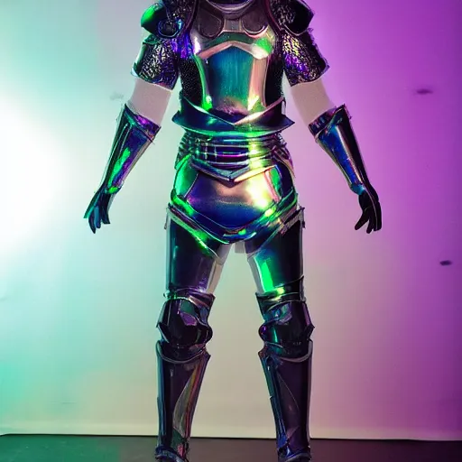 Image similar to holographic corinthian armor, man wearing armor, glowing, see through, spectacular