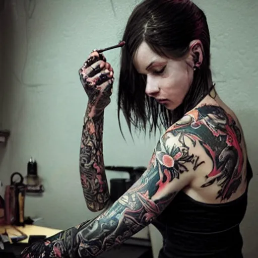 Image similar to female tattoo artist in gothic tattoo studio, greg rutkowski