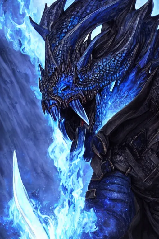 Prompt: a dark blue dragonborn with large tusks, half of his face flaming with blue flame, he wears a black dragon scales armor