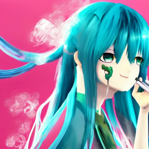 Image similar to hatsune miku smoking weed, smoke coming out of her mouth, bloodshot eyes, artstation, 4 k